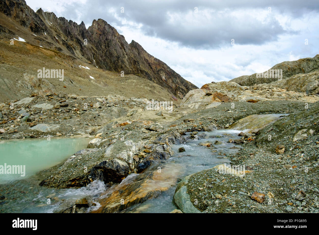 A small lagoon is formerd out of glacial meltwater. Behind rocks in what seems another planet, this ends in 'Laguna de los Témpanos', near Ushuaia. Stock Photo