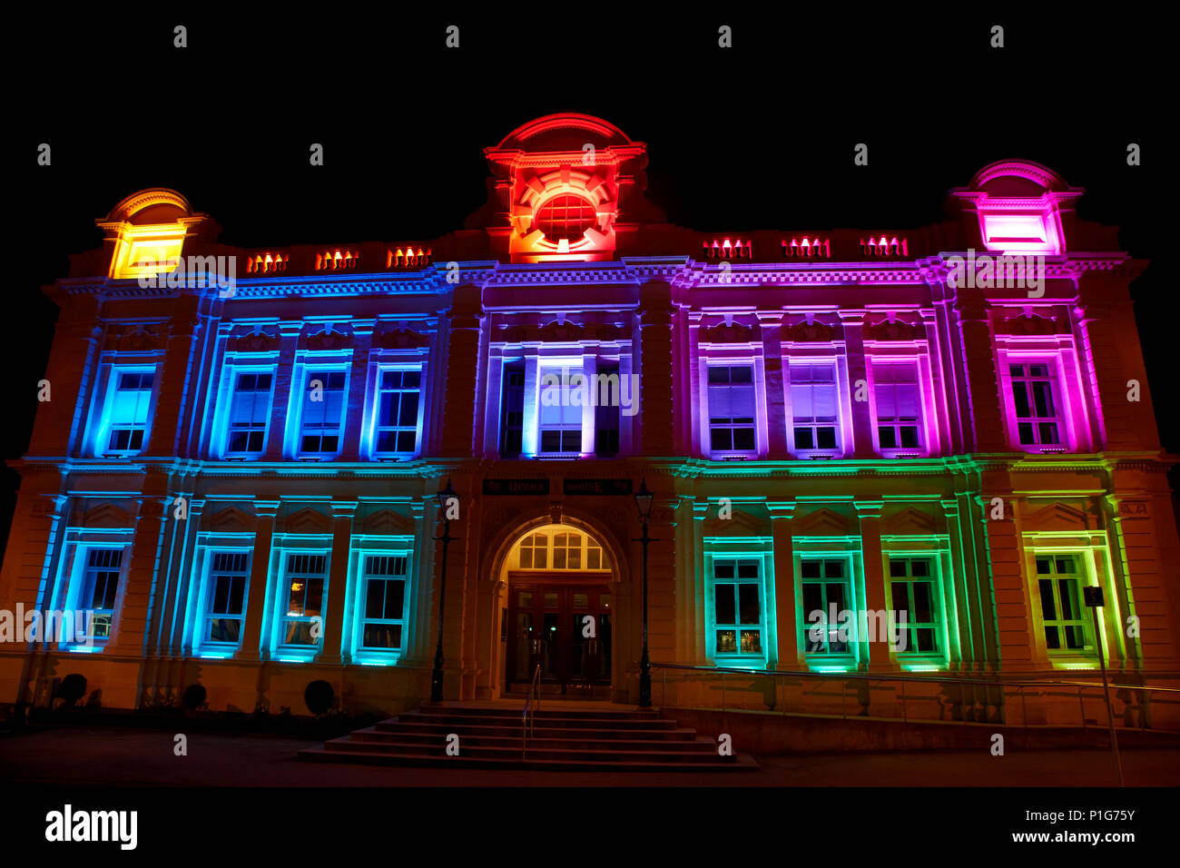 Colourful lighting on Historic Opera House (1907), Oamaru, North Otago, South Island, New Zealand Stock Photo