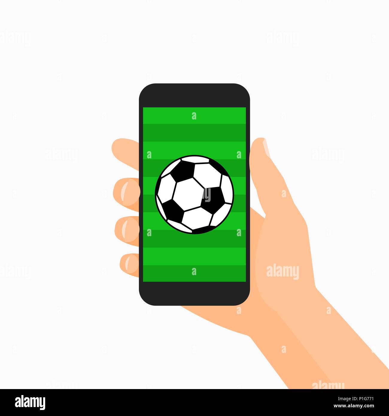 Hand holding smartphone displaying a black and white soccer ball on a green grass field Stock Vector