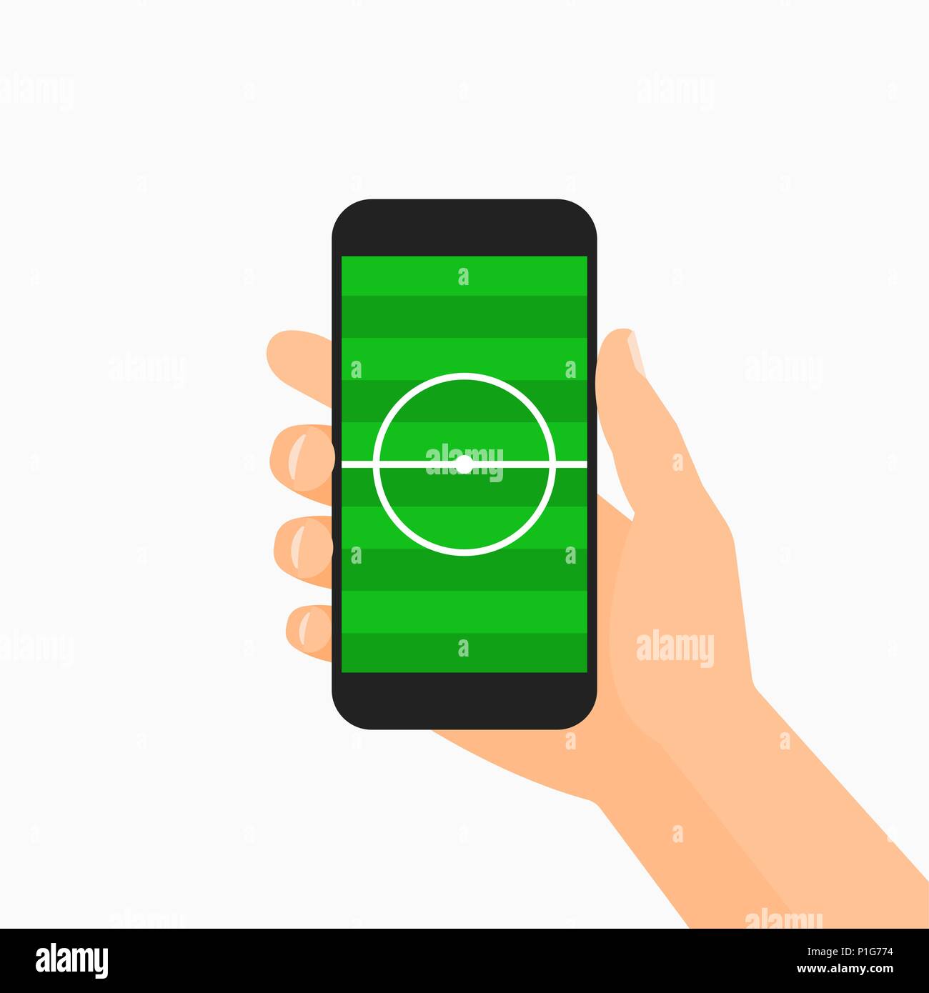 Hand holding smartphone with soccer field on the screen Stock Vector