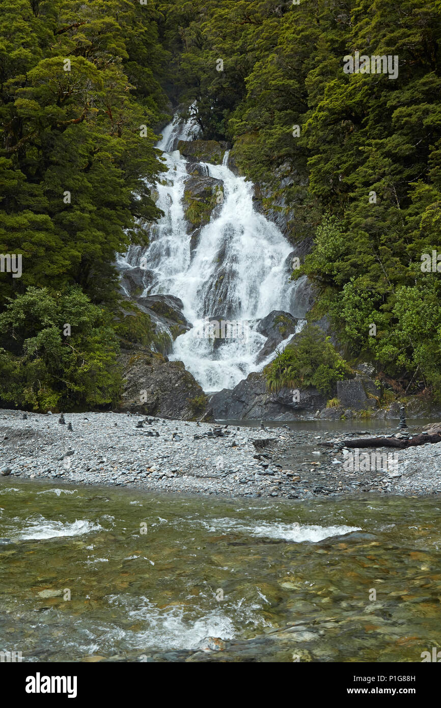 Fantail Falls & Haast River, Haast Pass, Mt Aspiring National Park, West Coast, South Island, New Zealand Stock Photo