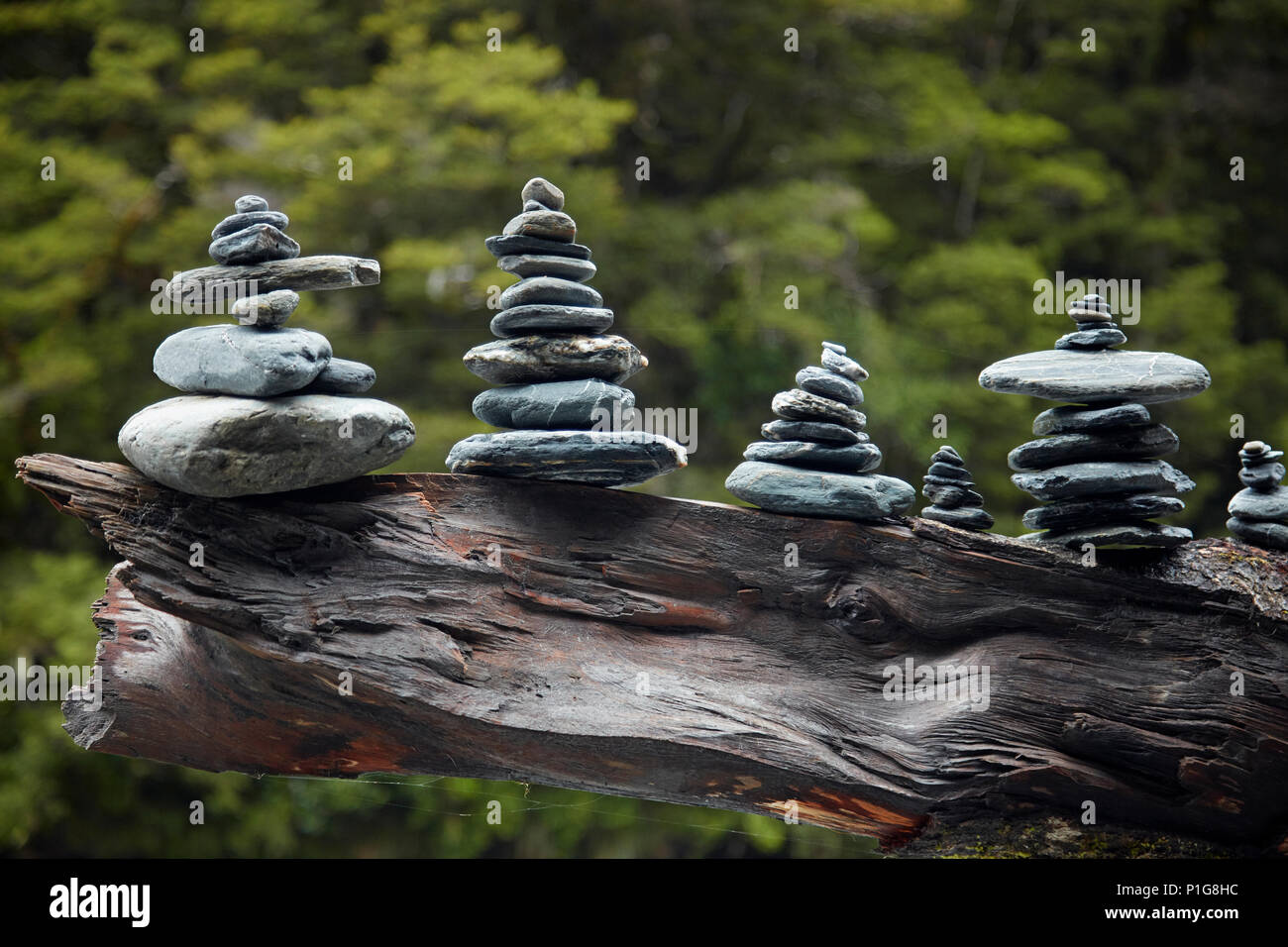Rock stacks made by tourists by Fantail Falls, Haast Pass, Mt Aspiring National Park, West Coast, South Island, New Zealand Stock Photo