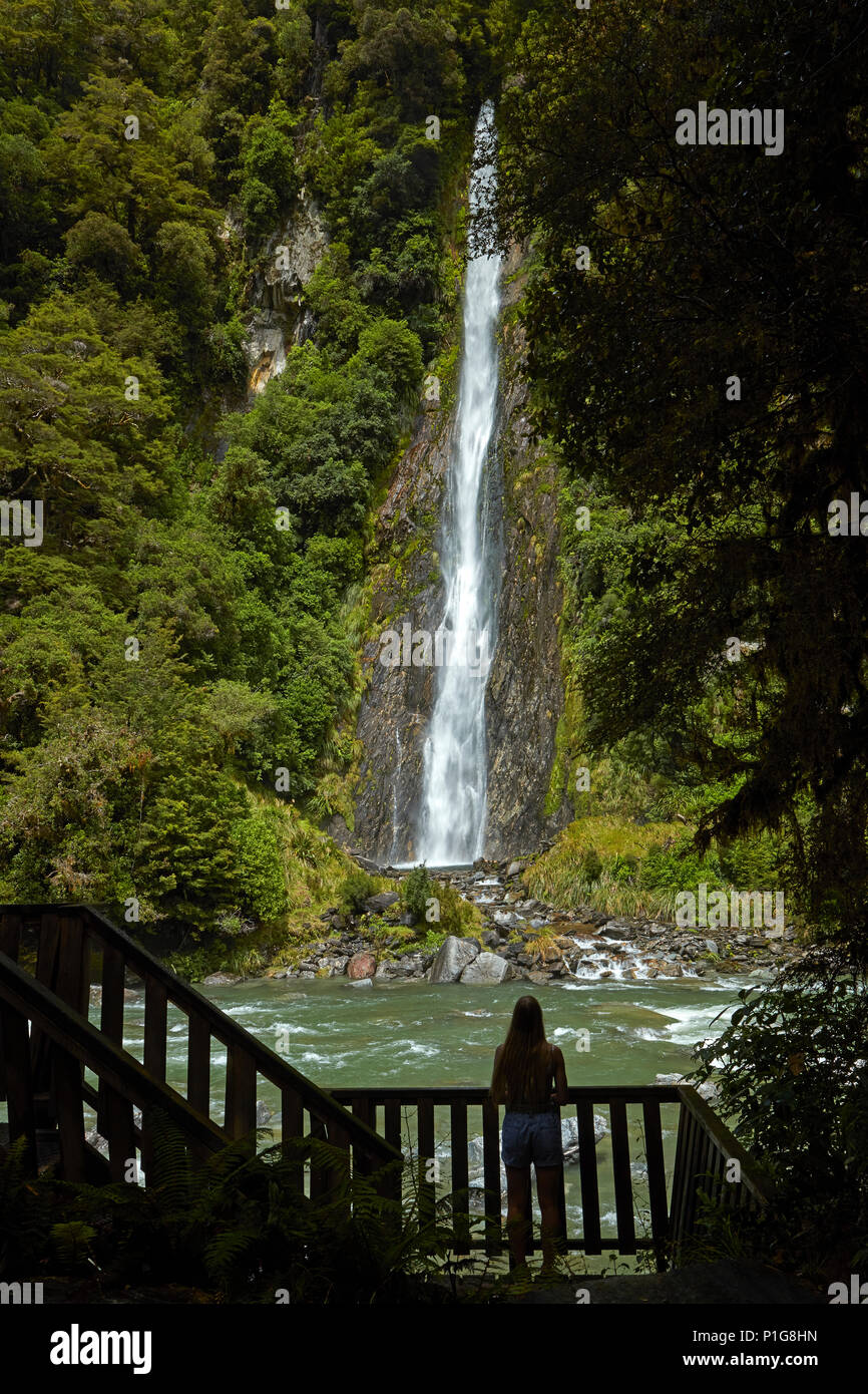 Tourist, Thunder Creek Falls & Haast River, Haast Pass, Mt Aspiring National Park, West Coast, South Island, New Zealand (model released) Stock Photo