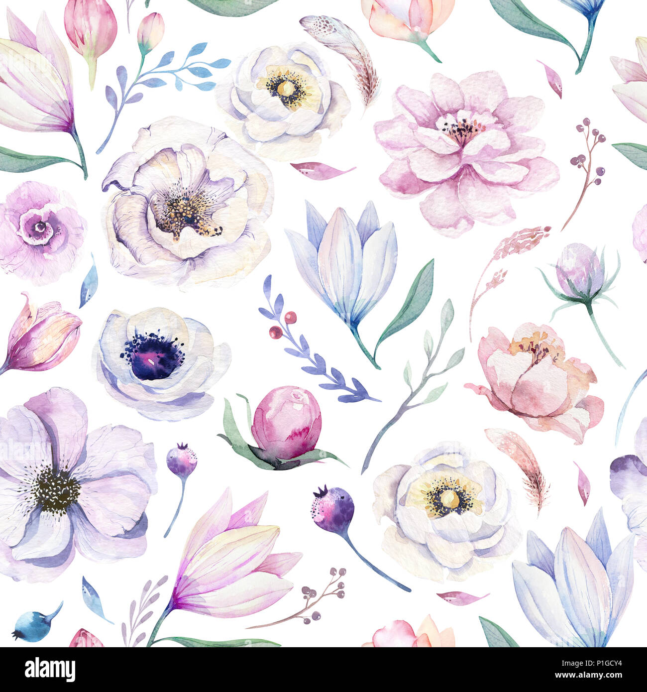 Seamless Spring Lilic Watercolor Floral Pattern On A White