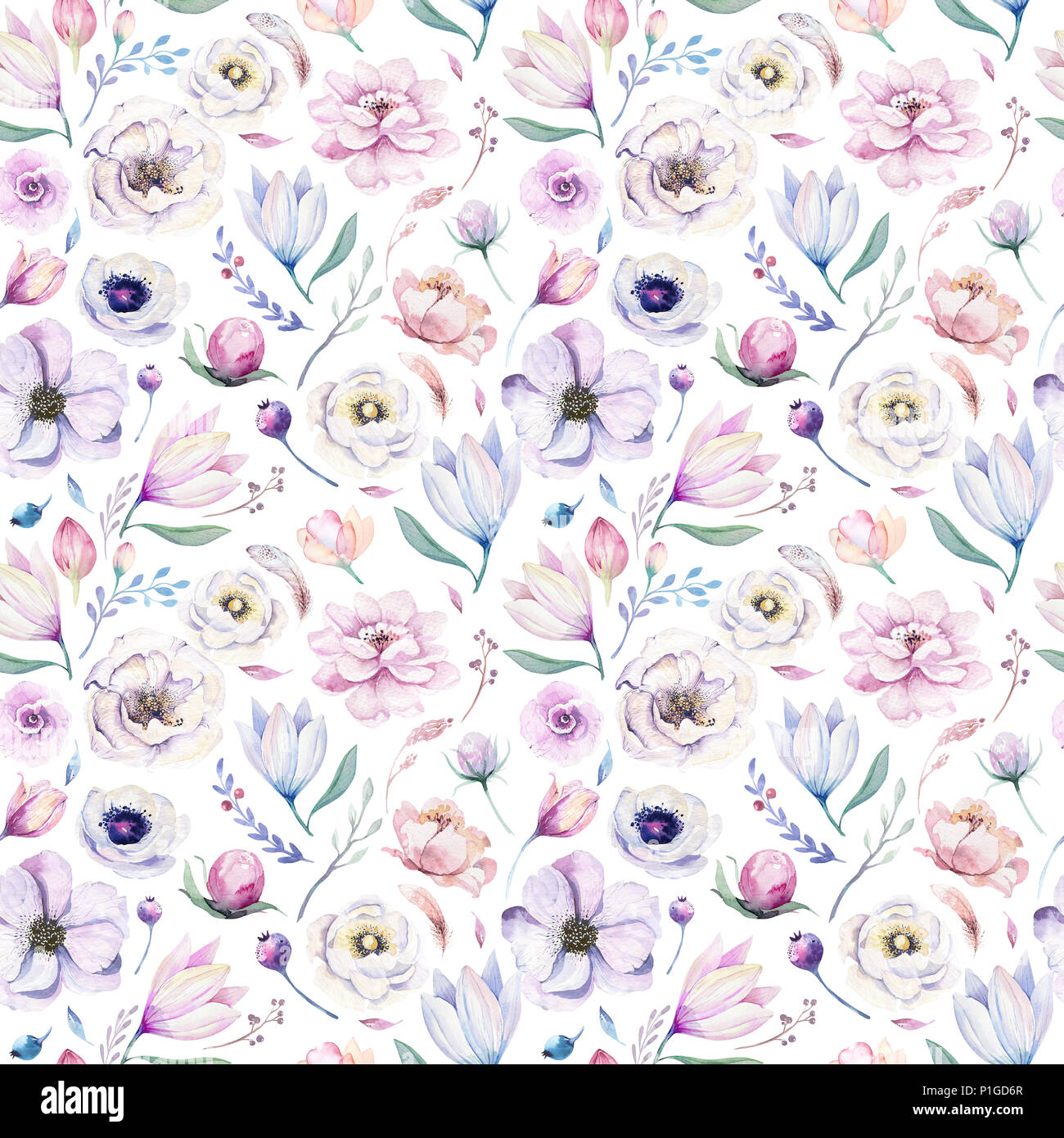 Seamless spring lilic watercolor floral pattern on a white background ...