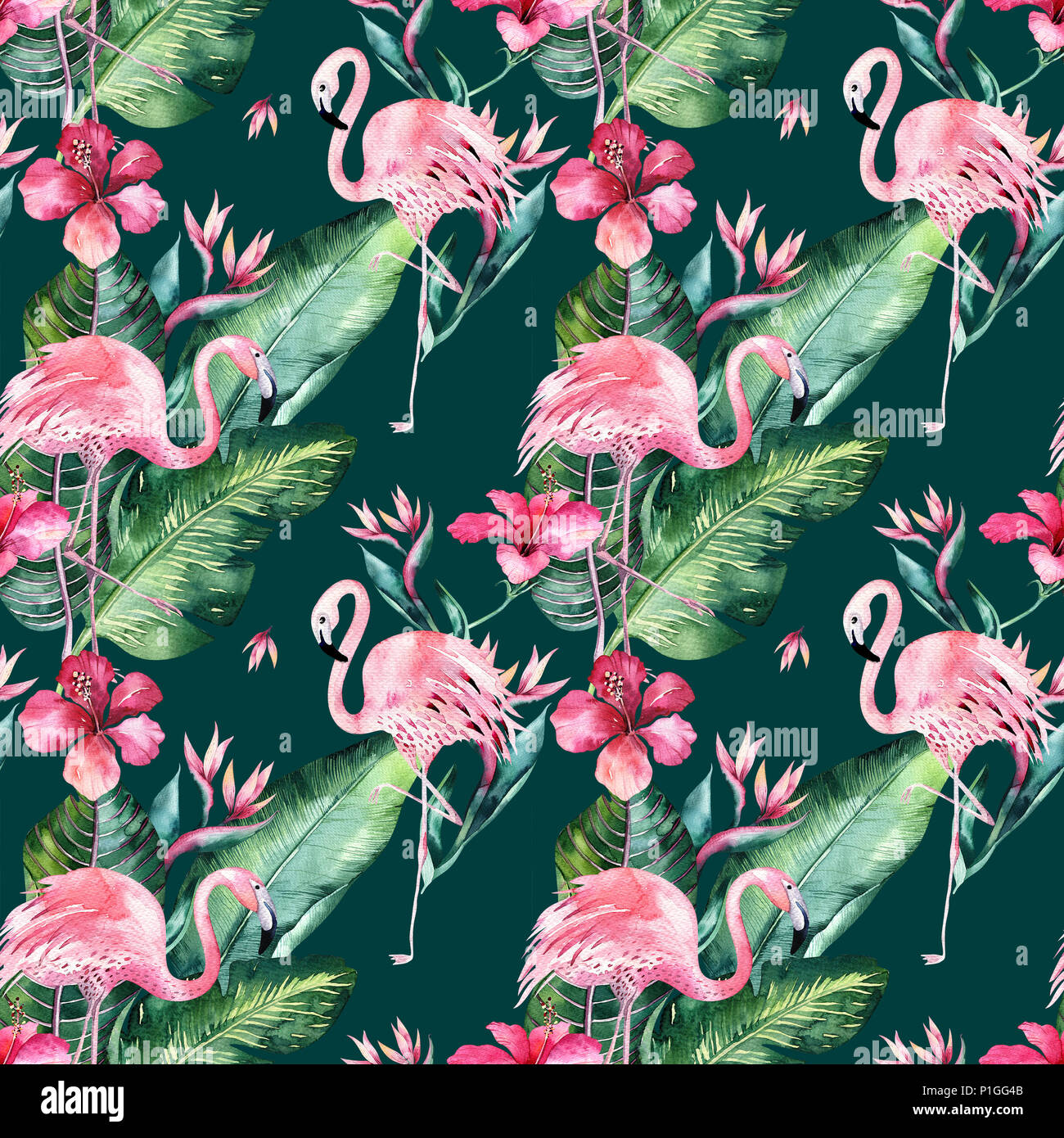 Tropical Seamless Floral Summer Pattern Background With Tropical Palm Leaves Pink Flamingo Bird Exotic Hibiscus Perfect For Wallpapers Textile Des Stock Photo Alamy