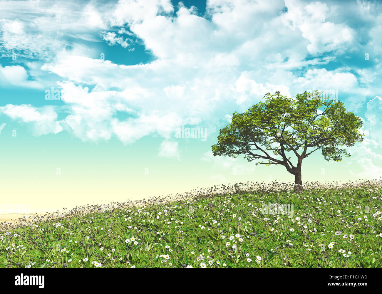 3D landscape with tree in daisy and grass field Stock Photo