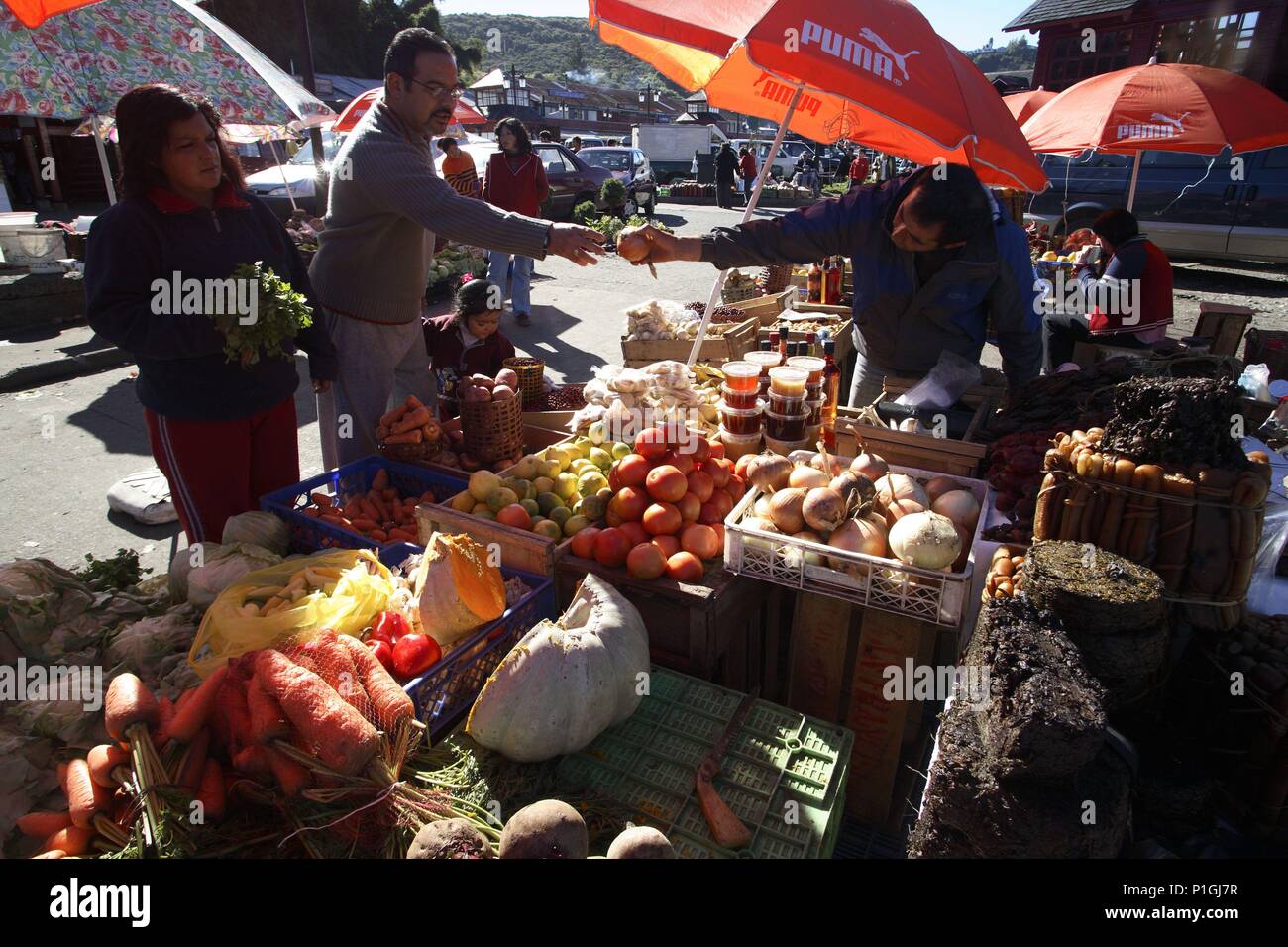 Puerto Montt; caleta de Angelmó y puesto de venta de verduras y frutas. Stock Photo