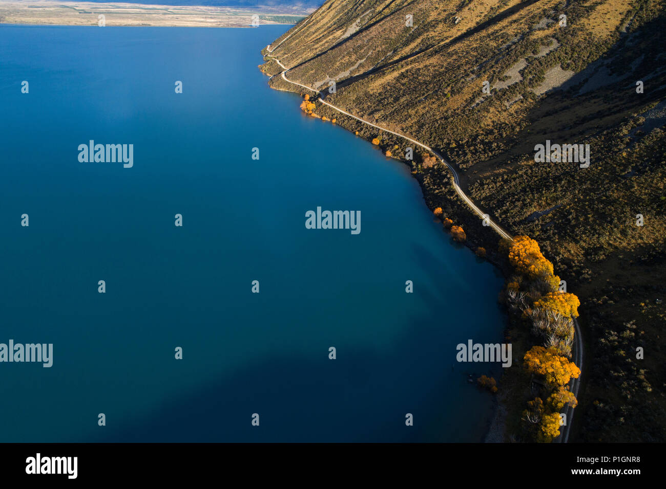 Lake Ohau, Glen Lyon Road, and Ben Ohau, Mackenzie Country, Canterbury, South Island, New Zealand - drone aerial Stock Photo