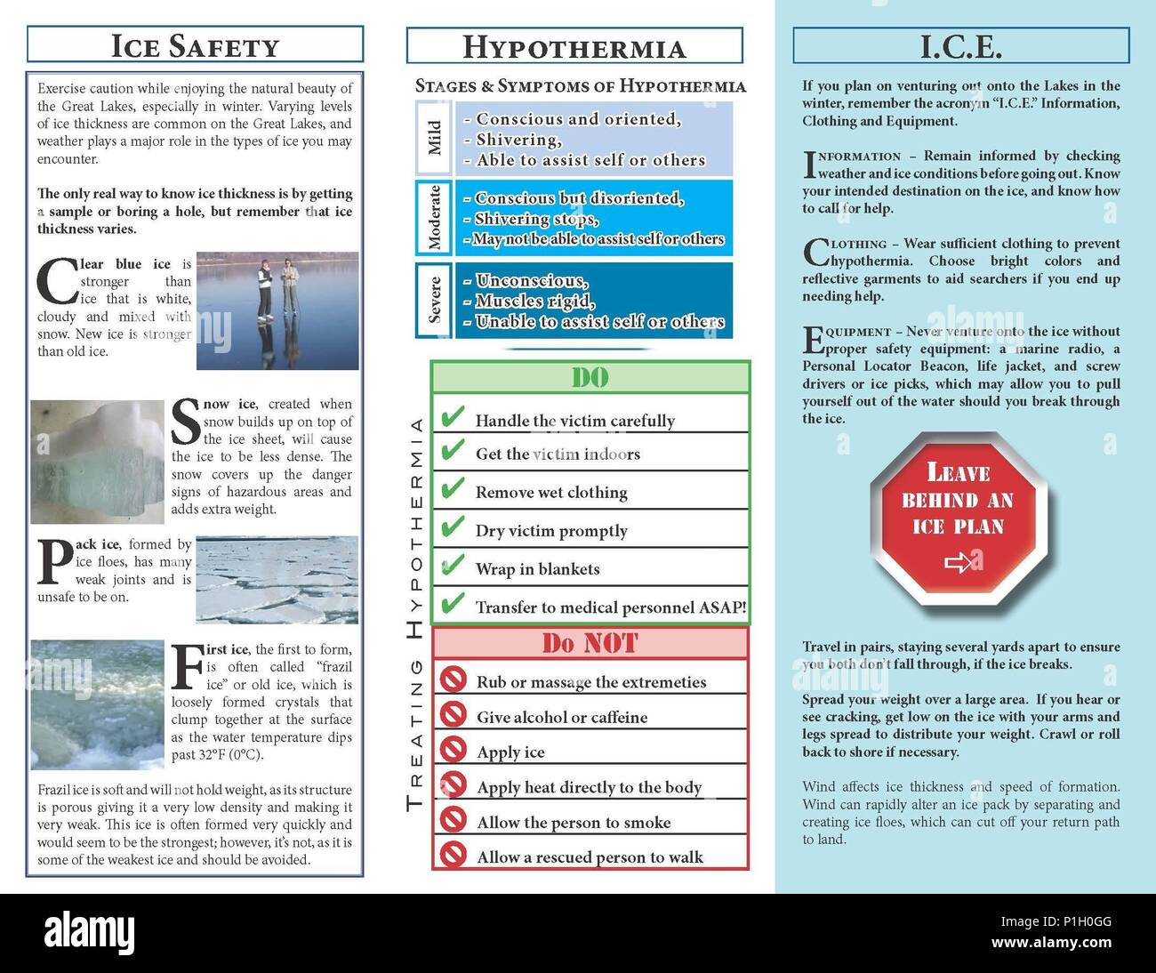 If you plan on venturing out onto the Great Lakes in the winter, remember  the acronym “ICE,” which stands for Information, Clothing and Equipment.  This pamphlet explains what that means and contains