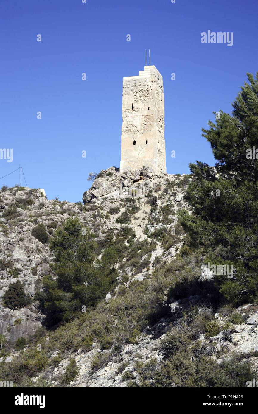 SPAIN - Valencia autonomous region - La Costera (district) - Valencia. Mogente / Moixent; torre mayor de las ruinas del castillo (origen árabe). Stock Photo