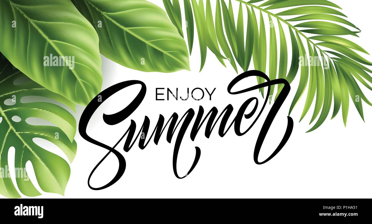 Summer poster with tropical palm leaf and handwriting lettering. Vector ...