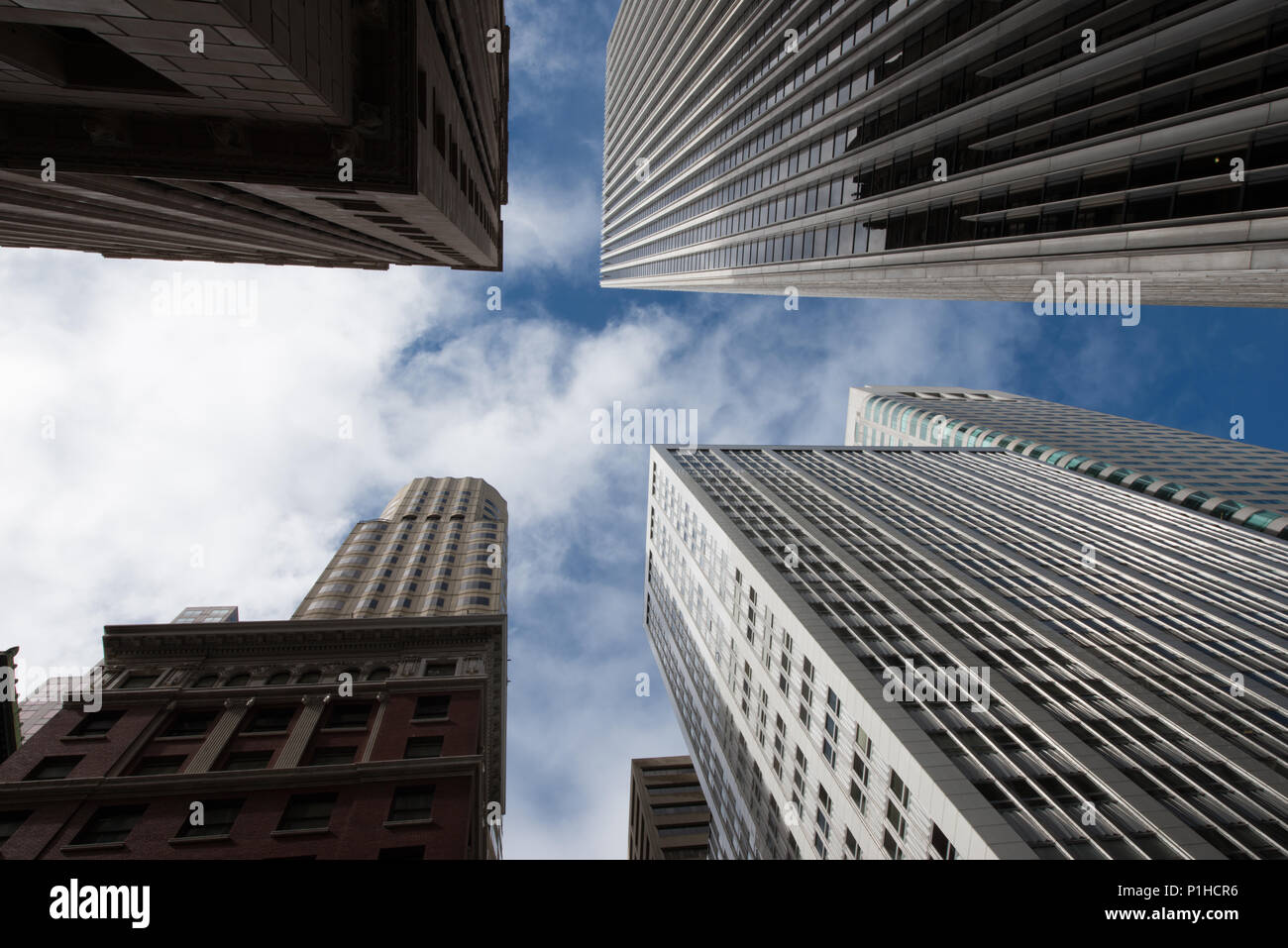 Low angle view of modern skyscrapers, North Beach, San Francisco, California, USA Stock Photo