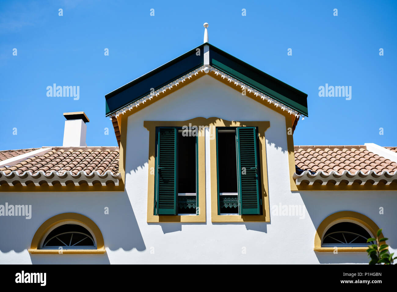 Ornamental facade of colorful house in Sao Miguel, Azores. Portugal