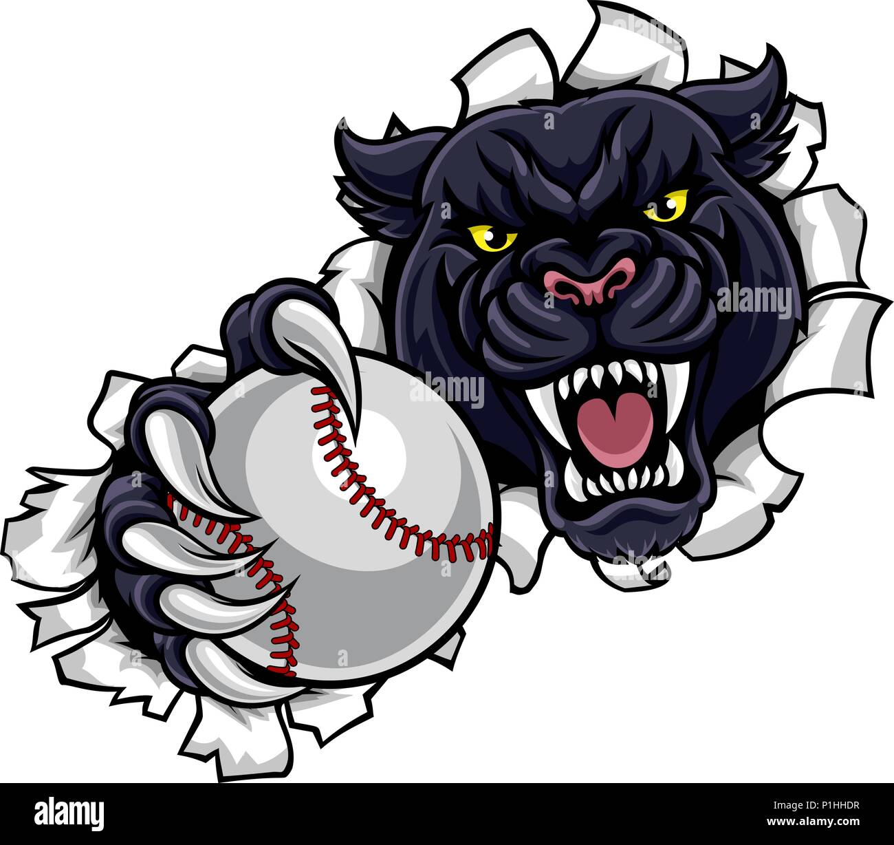 Black Panther Baseball Mascot Breaking Background Stock Vector