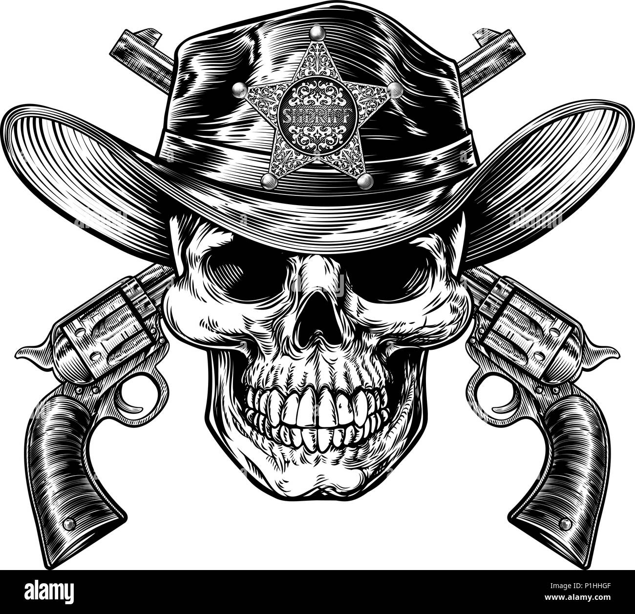 Skull Sheriff And Pistol Hand Guns Stock Vector