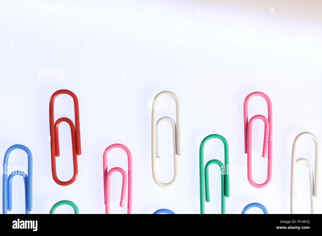 many colored isolated paper clips office stationery equipment background place for text P1HN7J