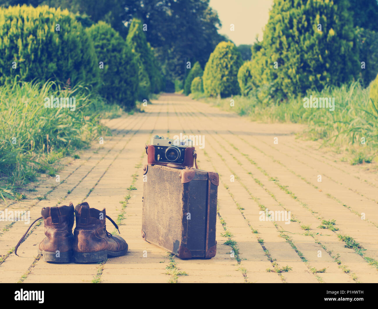 Ankle boots next to an old cardboard suitcase with a film camera on it. A yellow brick road, grass, and trees are visible in a blurry background. Stock Photo