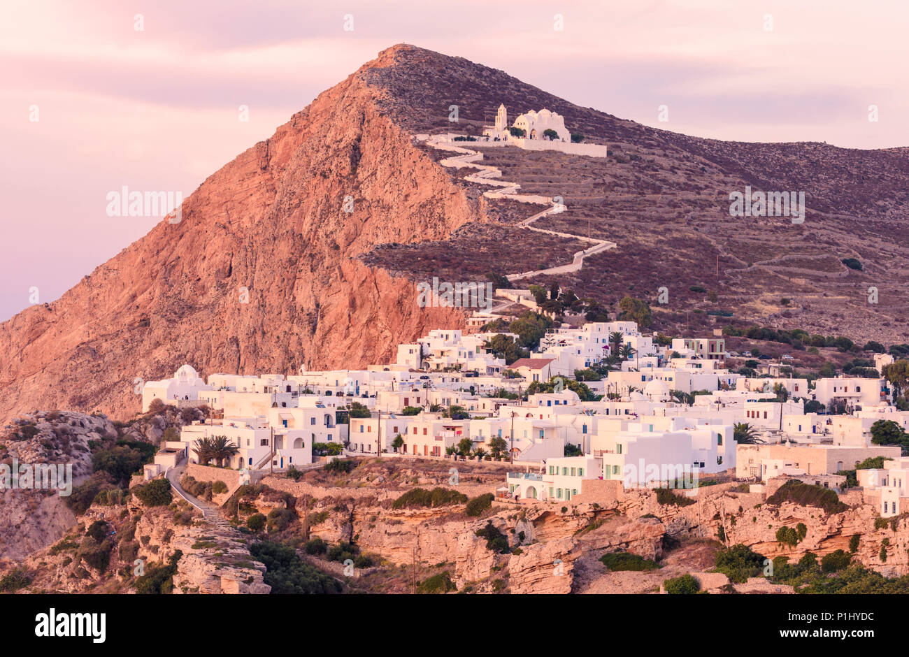 Sunset over the Chora of Folegandros and the Church of Panagia, Folegandros Island, Cyclades, Greece Stock Photo
