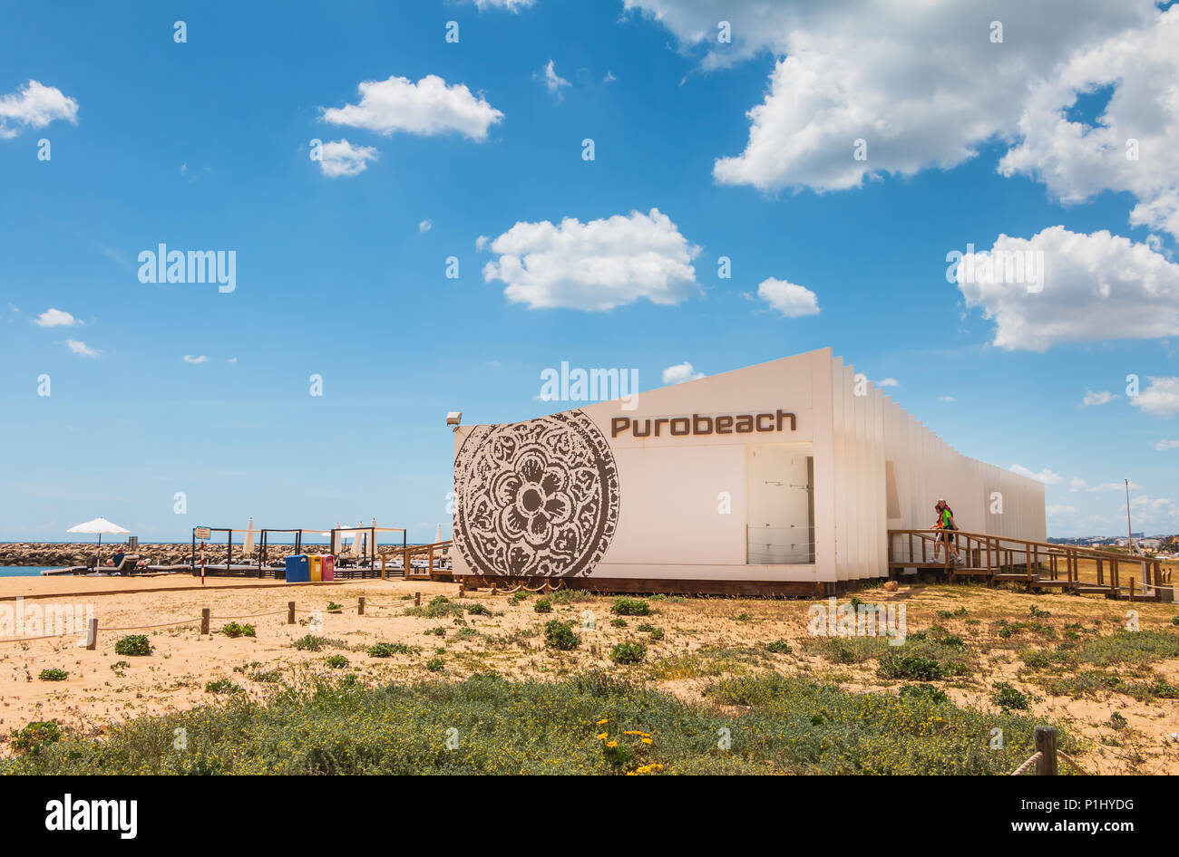 Vilamoura, Portugal - May 1, 2018: Architectural detail of the Purobeach Beachfront Vilamoura on a summer day, a refined seaside restaurant of modern  Stock Photo
