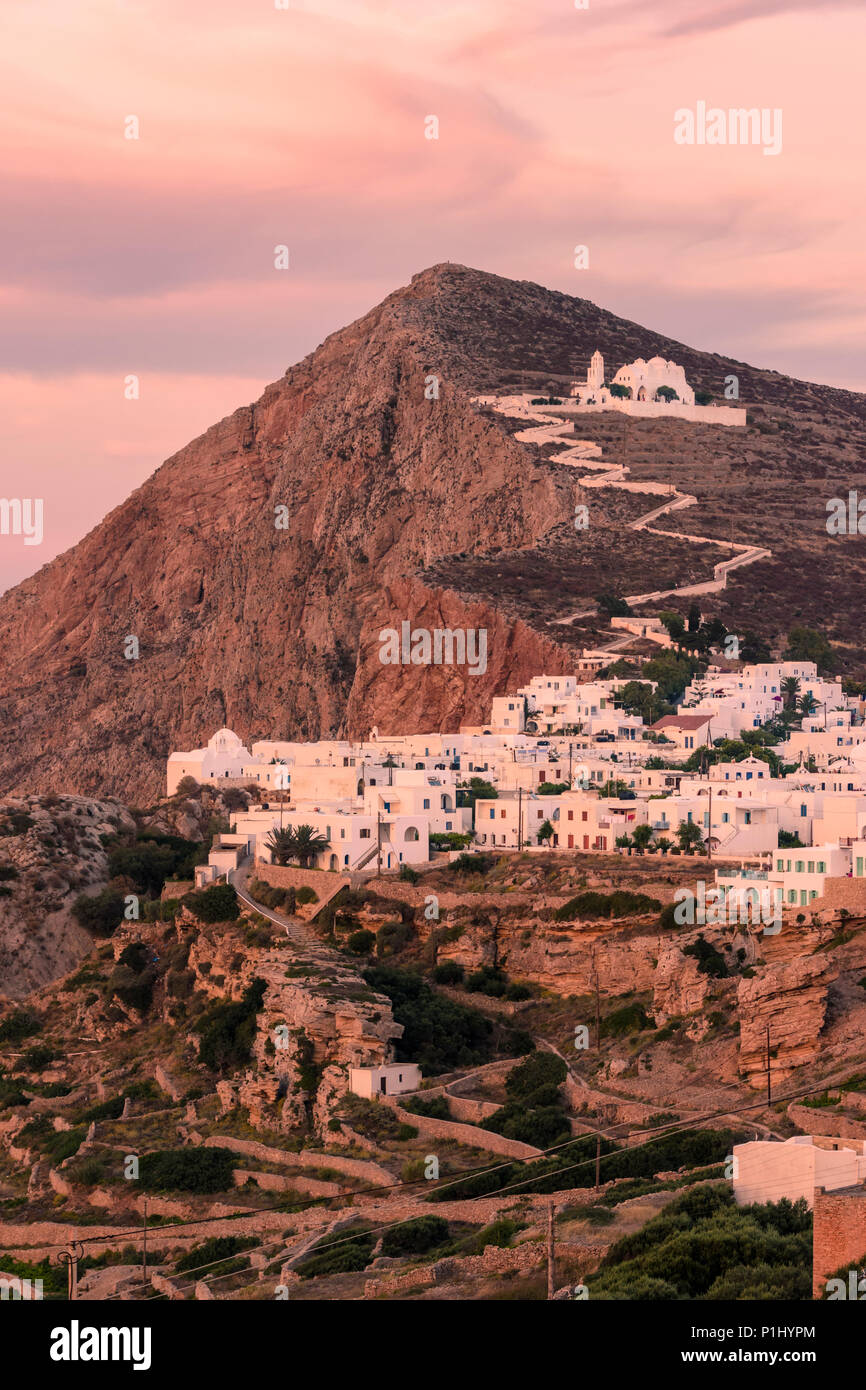Sunset over the Chora of Folegandros and the Church of Panagia, Folegandros Island, Cyclades, Greece Stock Photo