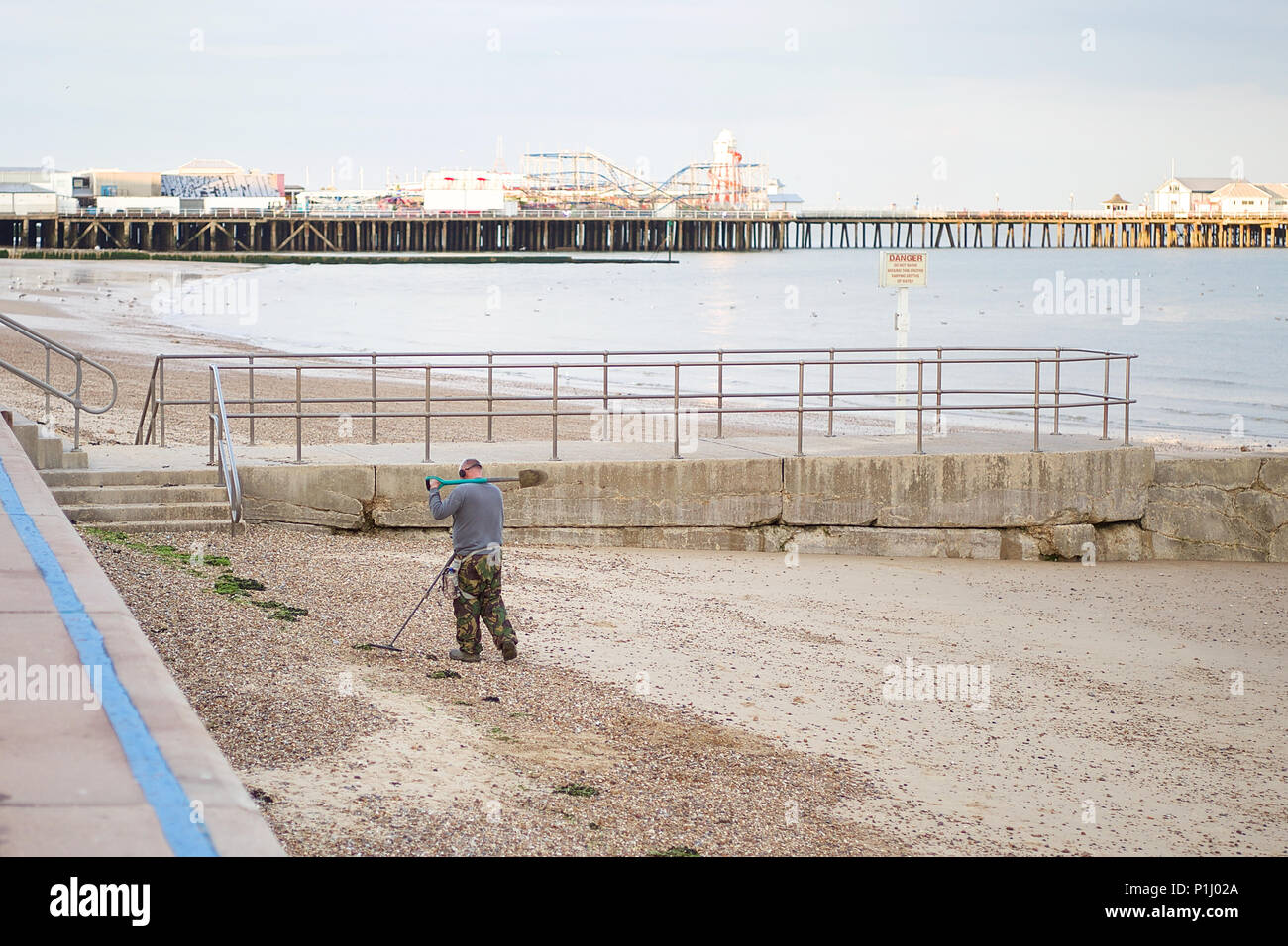 Metal detectorist searching along the high water mark on the beach at Clacton on Sea Stock Photo