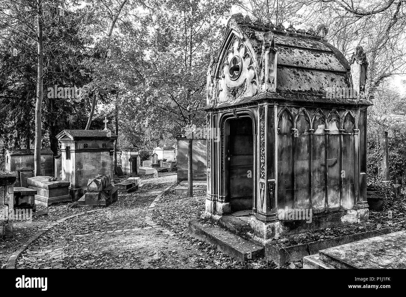 A view of the Pere Lachaise, the most famous cemetery in Paris, France,  with the tombs of very famous people Stock Photo