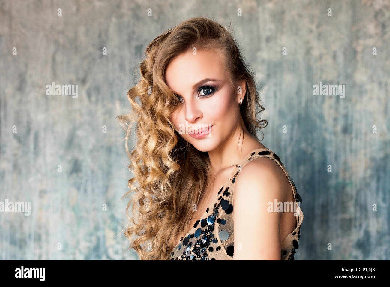 Young Smiling Woman with Long Wavy Hair and Makeup. Beautiful Female ...