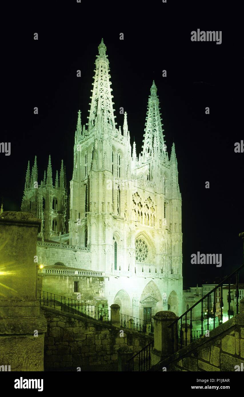Catedral, fachada iluminada (gótica ) (Camino de Santiago). Stock Photo