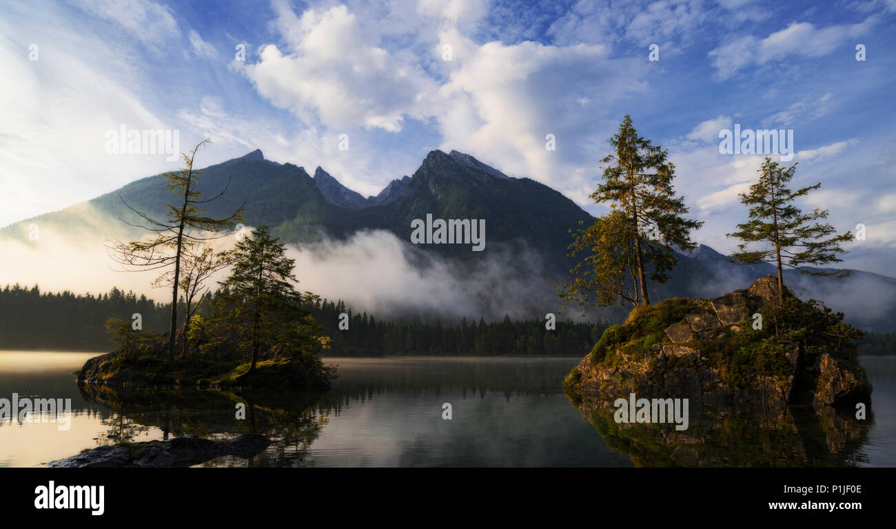 Hochkalter massif and Hintersee in the morning light, Hintersee, Berchtesgaden, Bavaria, Germany Stock Photo
