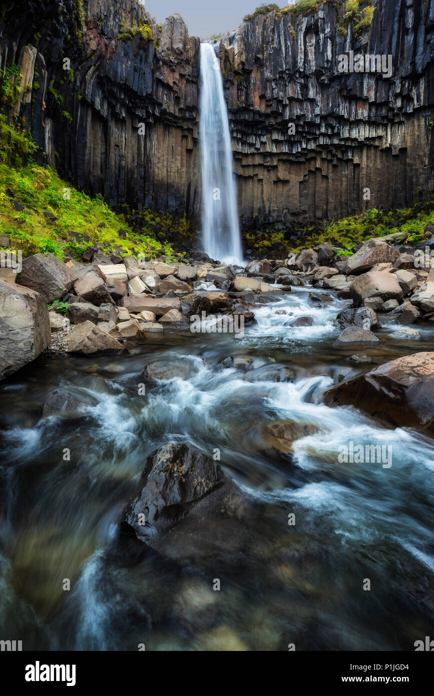 Svartifoss waterfall in autumn with watercourse in long exposure, Skaftafell National Park, Iceland Stock Photo