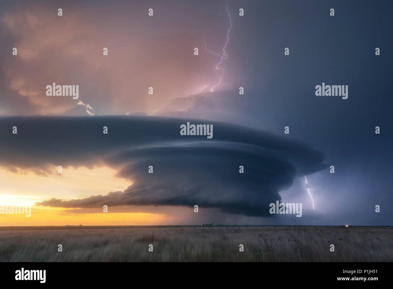 Lightnings during sunset supercell fields leoti hires stock
