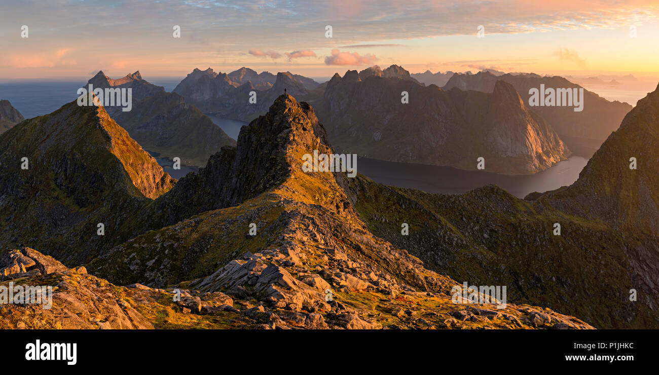 Mountain panorama with alpenglow and hiker in morning light, Munken, Moskenesoy, Lofoten, Norway Stock Photo