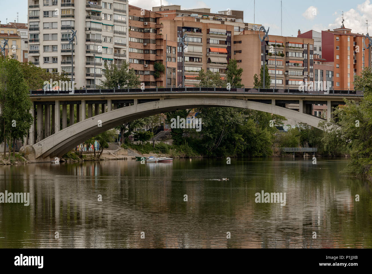 Puente del Cubo, or Isabel la Católica bridge in its official name, on the Pisuerga river in the center of the city of Valladolid, Spain, Europe Stock Photo