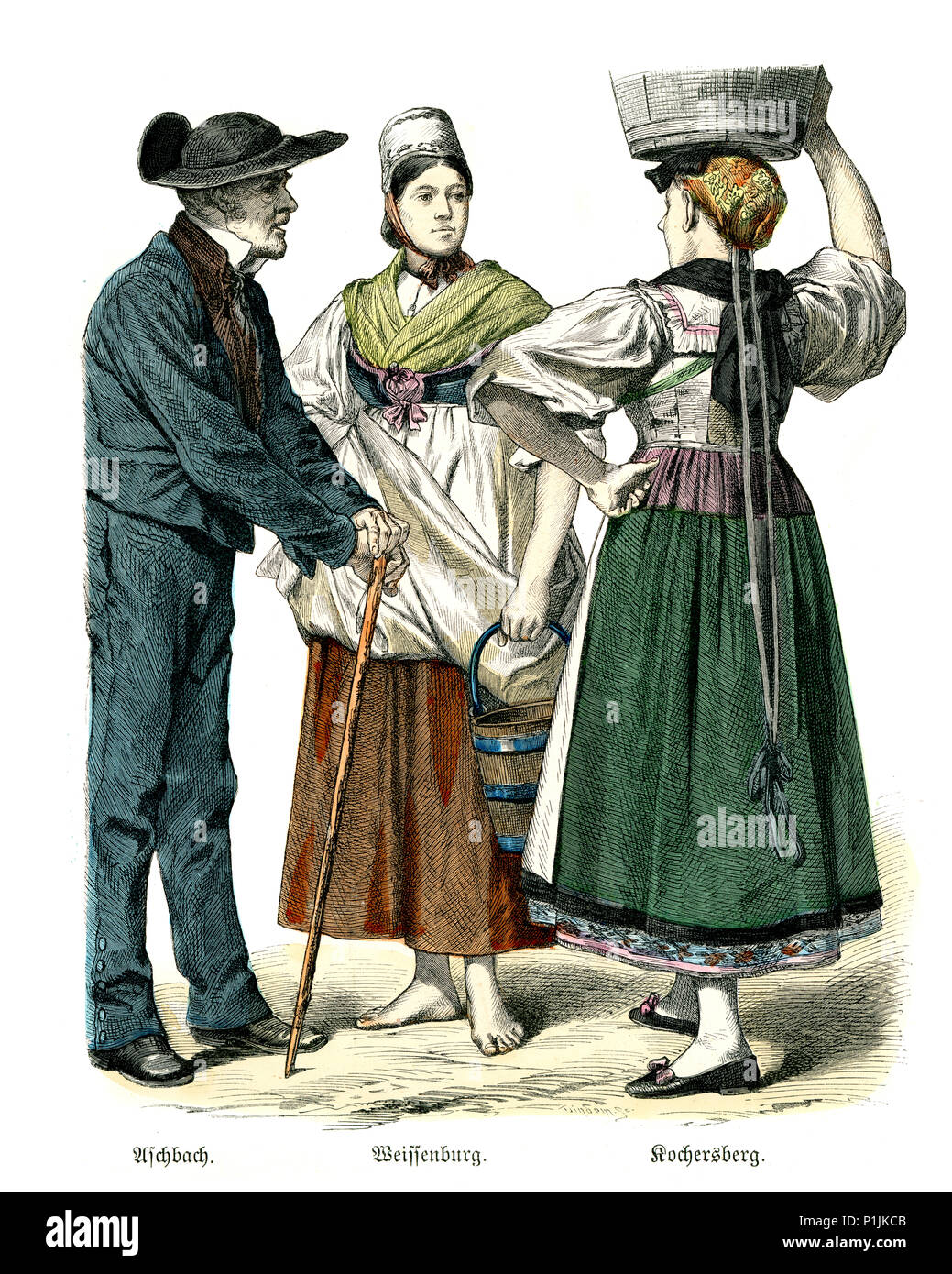 Vintage engraving of History of Fashion, Costumes of Alsace, 19th Century. Aschbach, Wissembourg and Kochersberg Stock Photo