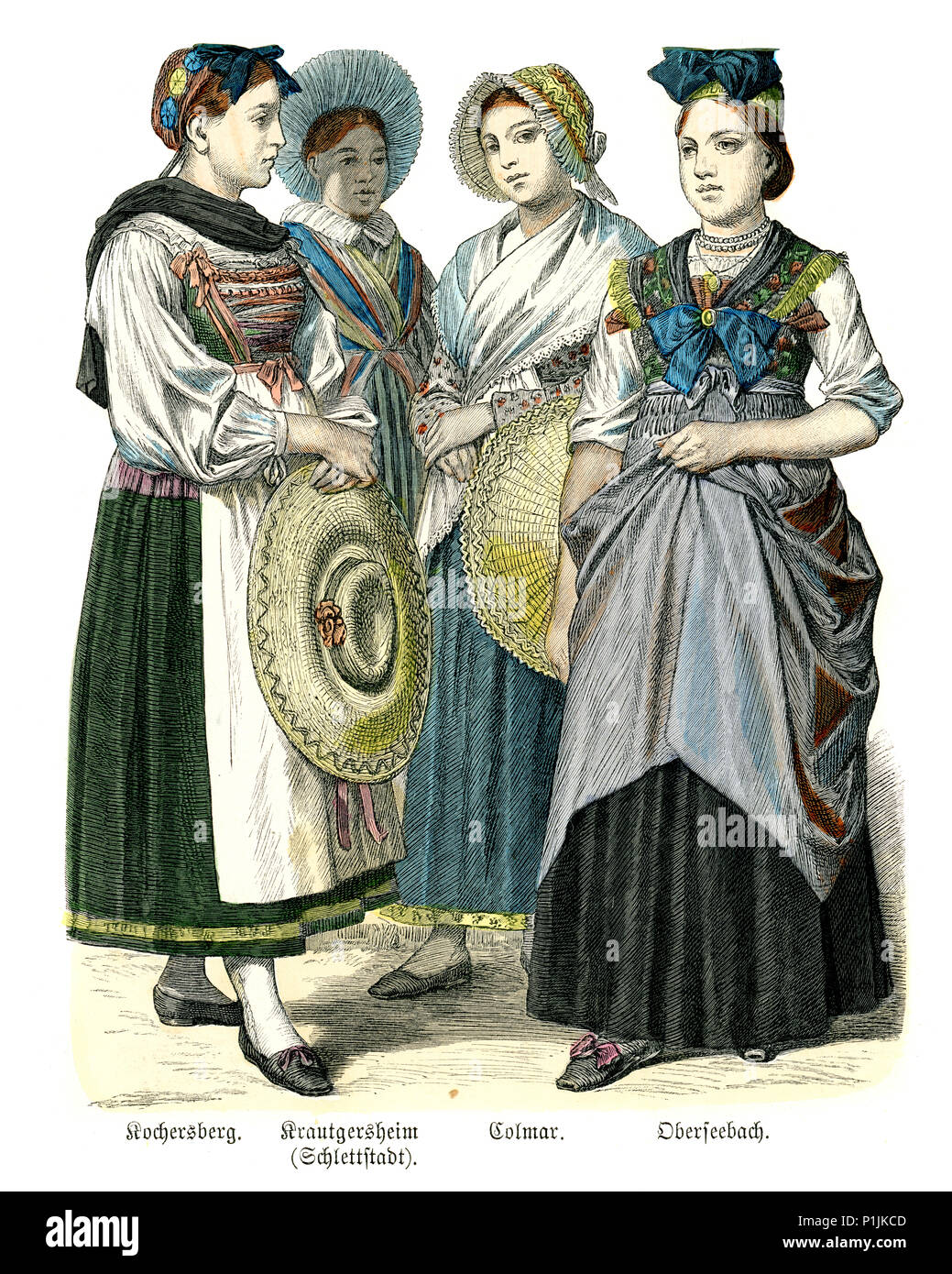 Vintage engraving of History of Fashion, Costumes of Alsace, 19th Century. Women of Kochersberg, Krautkersheim, Colmar and Oberseebach Stock Photo