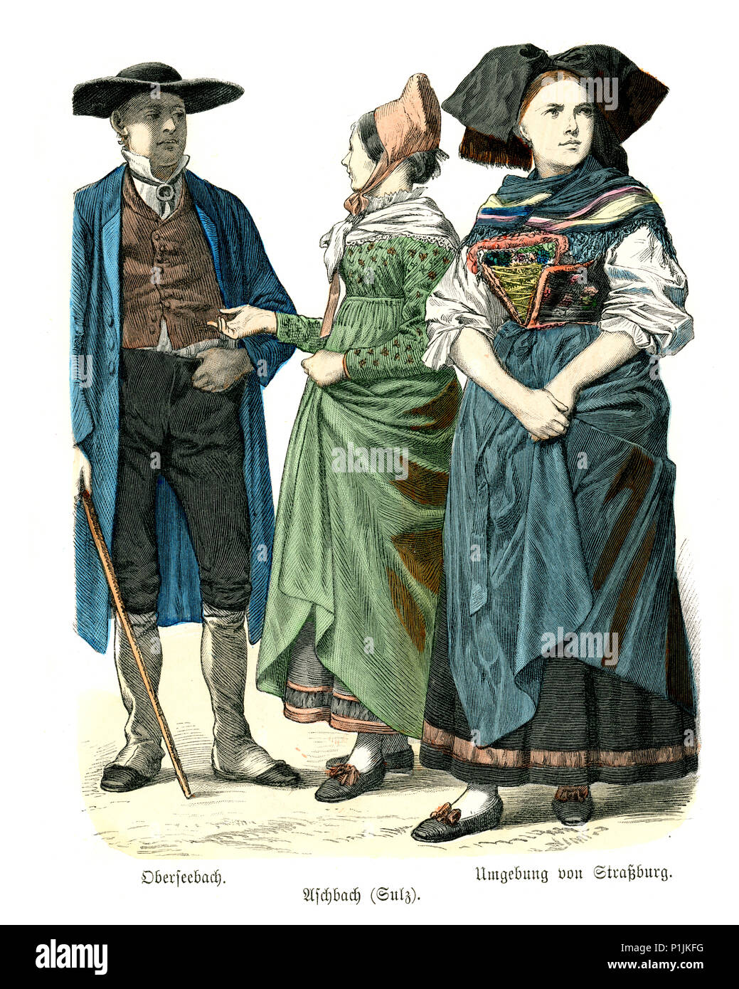 Vintage engraving of History of Fashion, Costumes of Alsace, 19th Century. Obersseebach, Strasbourg, Aschbach Stock Photo