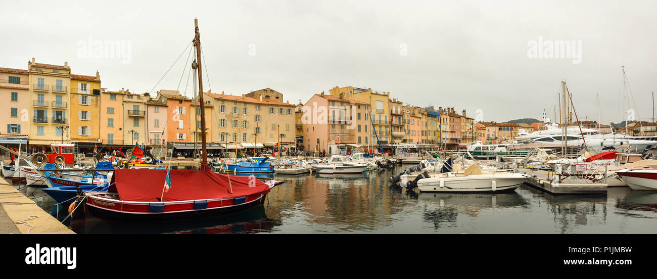 SAINT TROPEZ, FRANCE - MARCH 2016 - Small harbor full of boats in city of Saint Tropez on French Riviera, France Stock Photo
