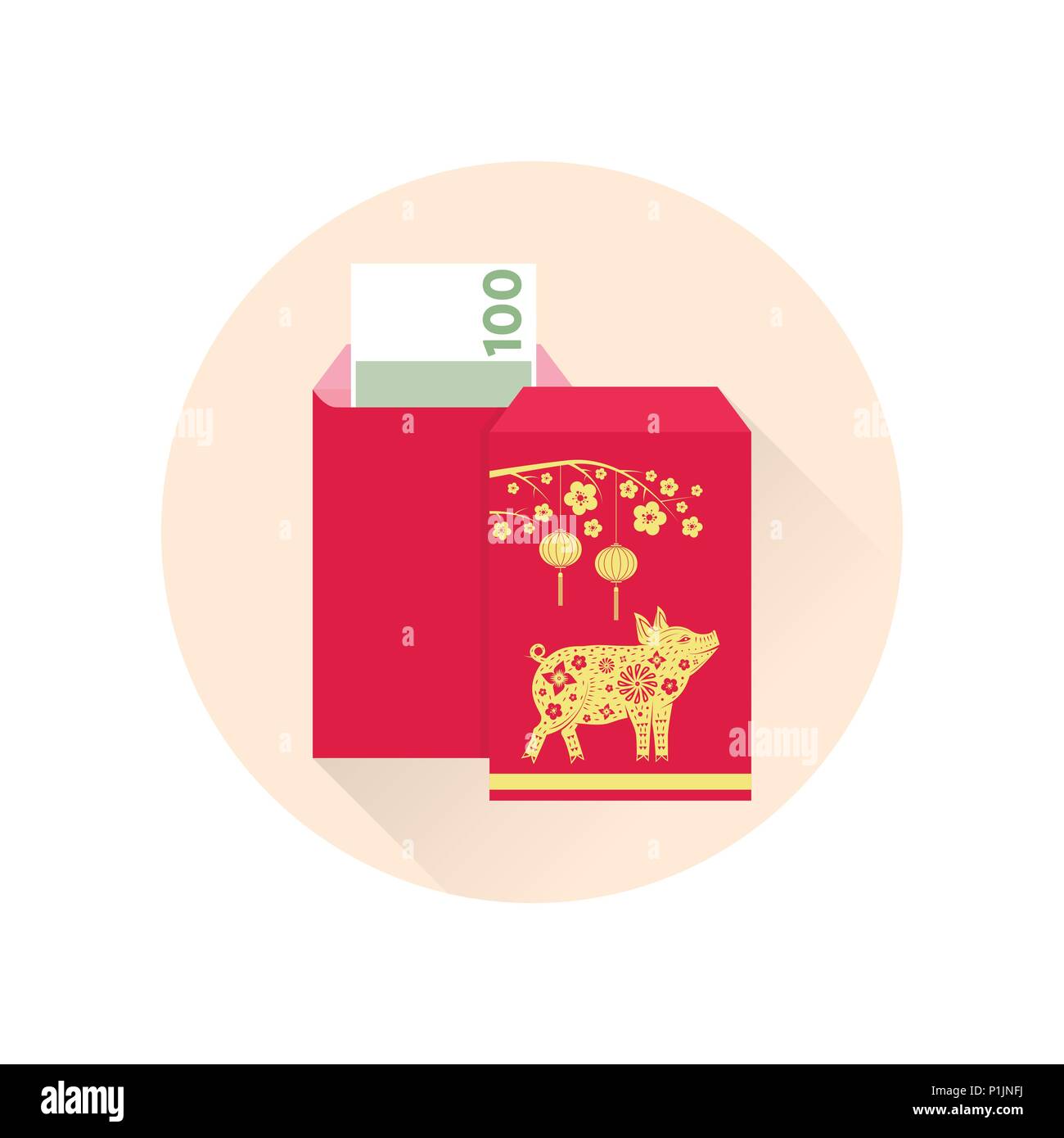 Chinese New Year red envelope flat icon. Vector illustration. Red packet with gold pig and lanterns. Chinese New Year 2019 year of the pig. Stock Vector
