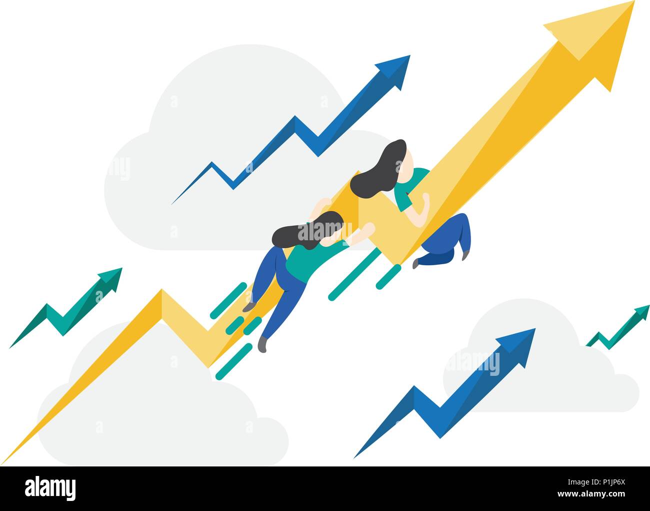 People in a team build a chart and interact with graphs. flat vector illustration Stock Vector