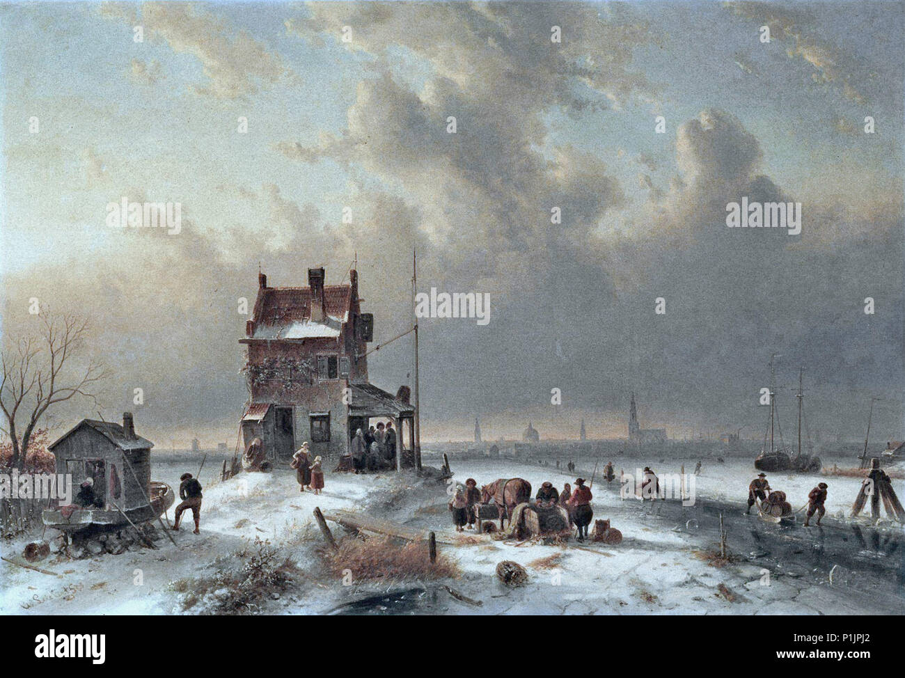 Leickert  Charles Henri Joseph - Busy Townsfolk on the Ice  Amsterdam in the Distance Stock Photo