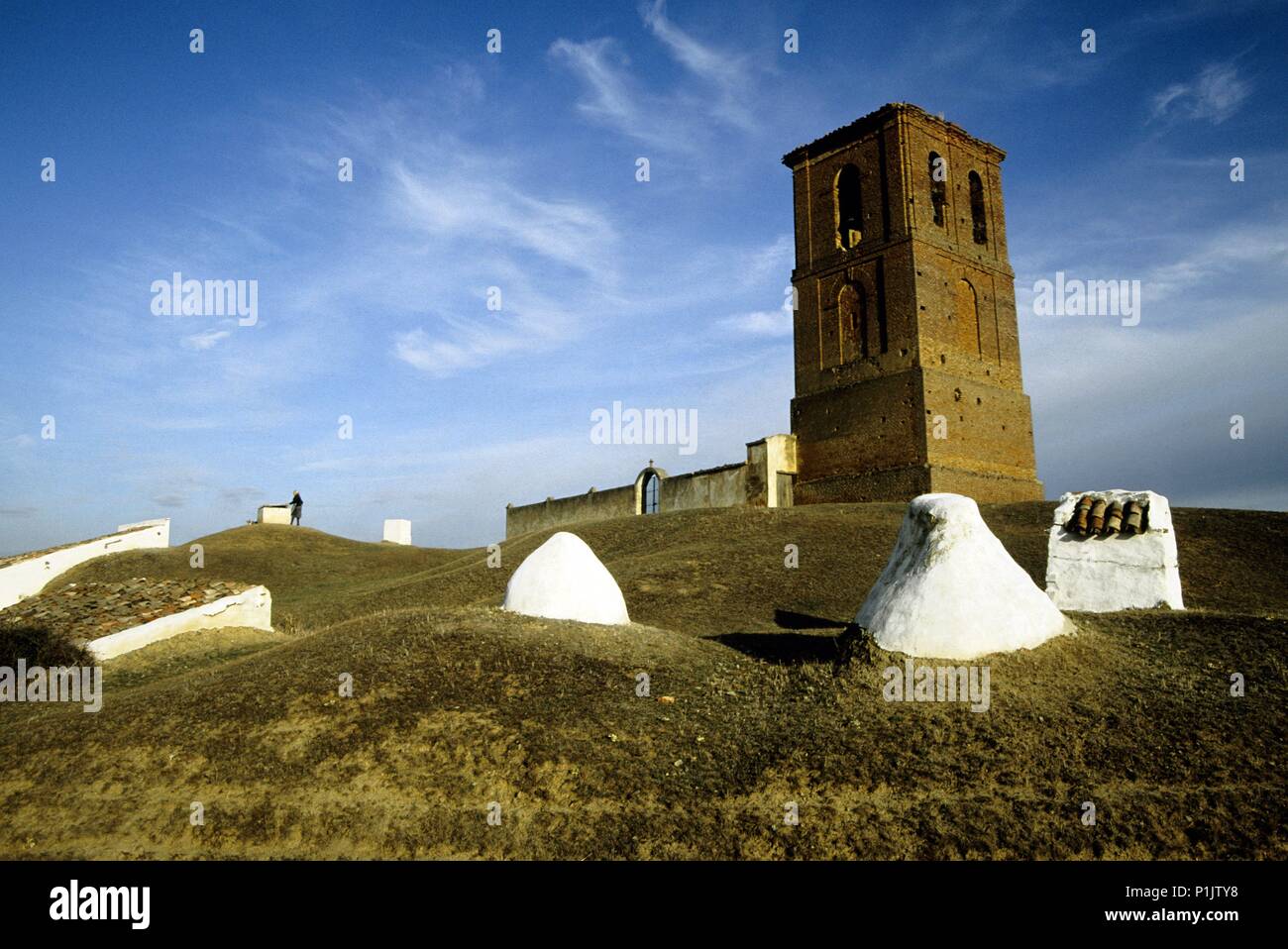 Quintanilla de la Cueza; cemetery and air valves of underground cellars; (Sant James pilgrimage way to Santiago). Stock Photo