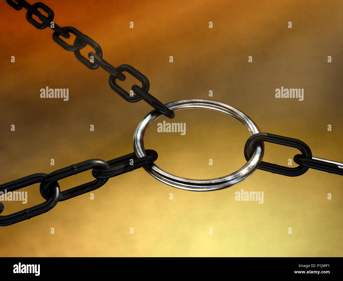 Multiple chains pulling a metal ring. Digital illustration Stock Photo