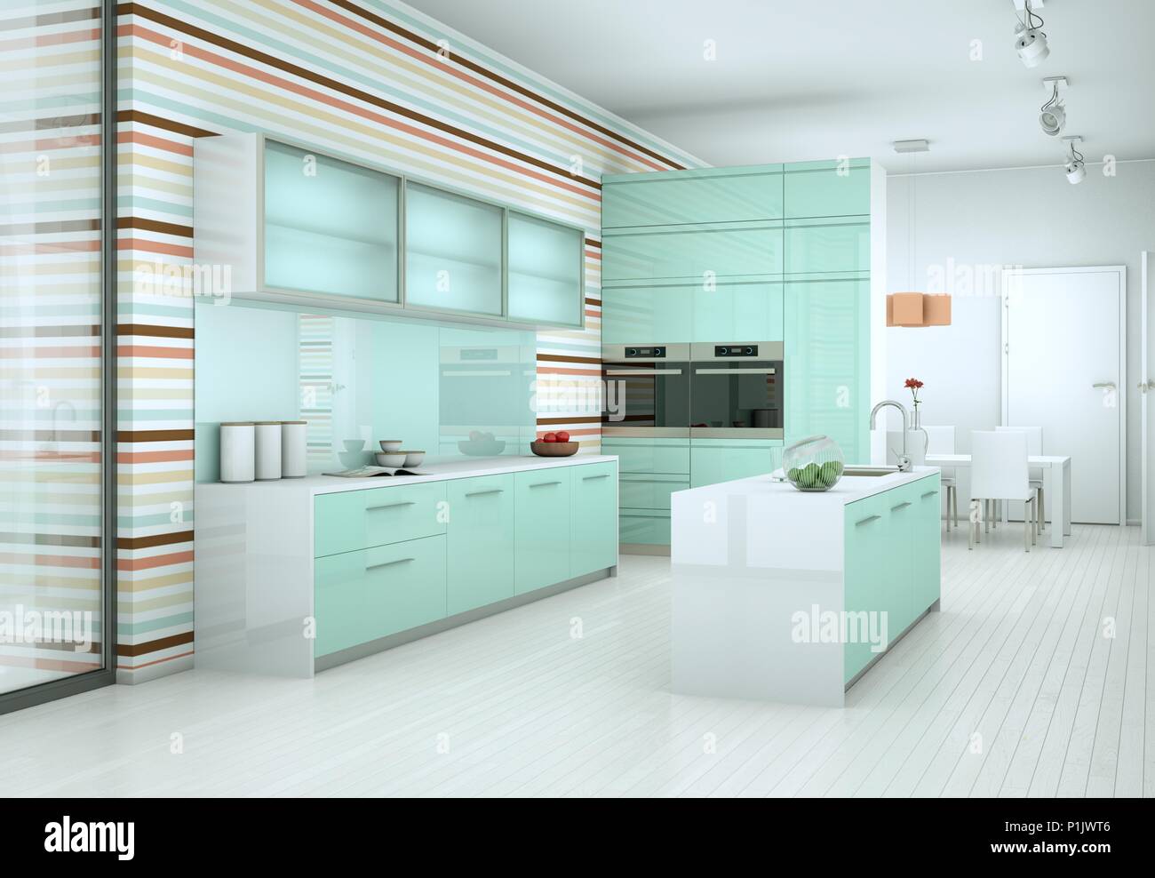 Light Blue Modern Kitchen With Vintage Wallpaper Stock Photo