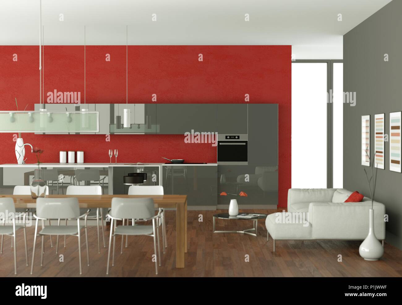 Grey modern kitchen with red wallpaper Stock Photo - Alamy