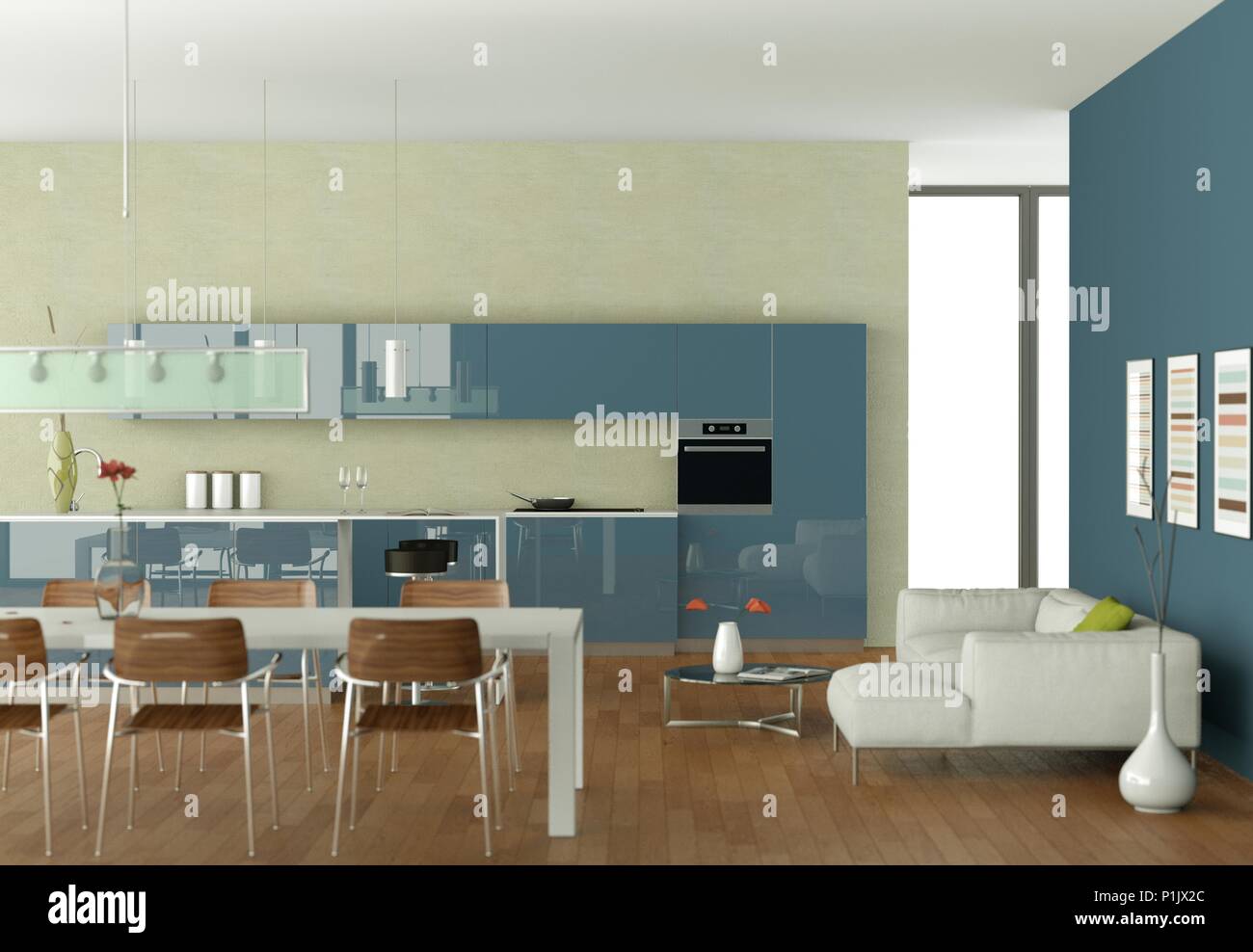 Blue modern kitchen with dining table and white sofa Stock Photo - Alamy