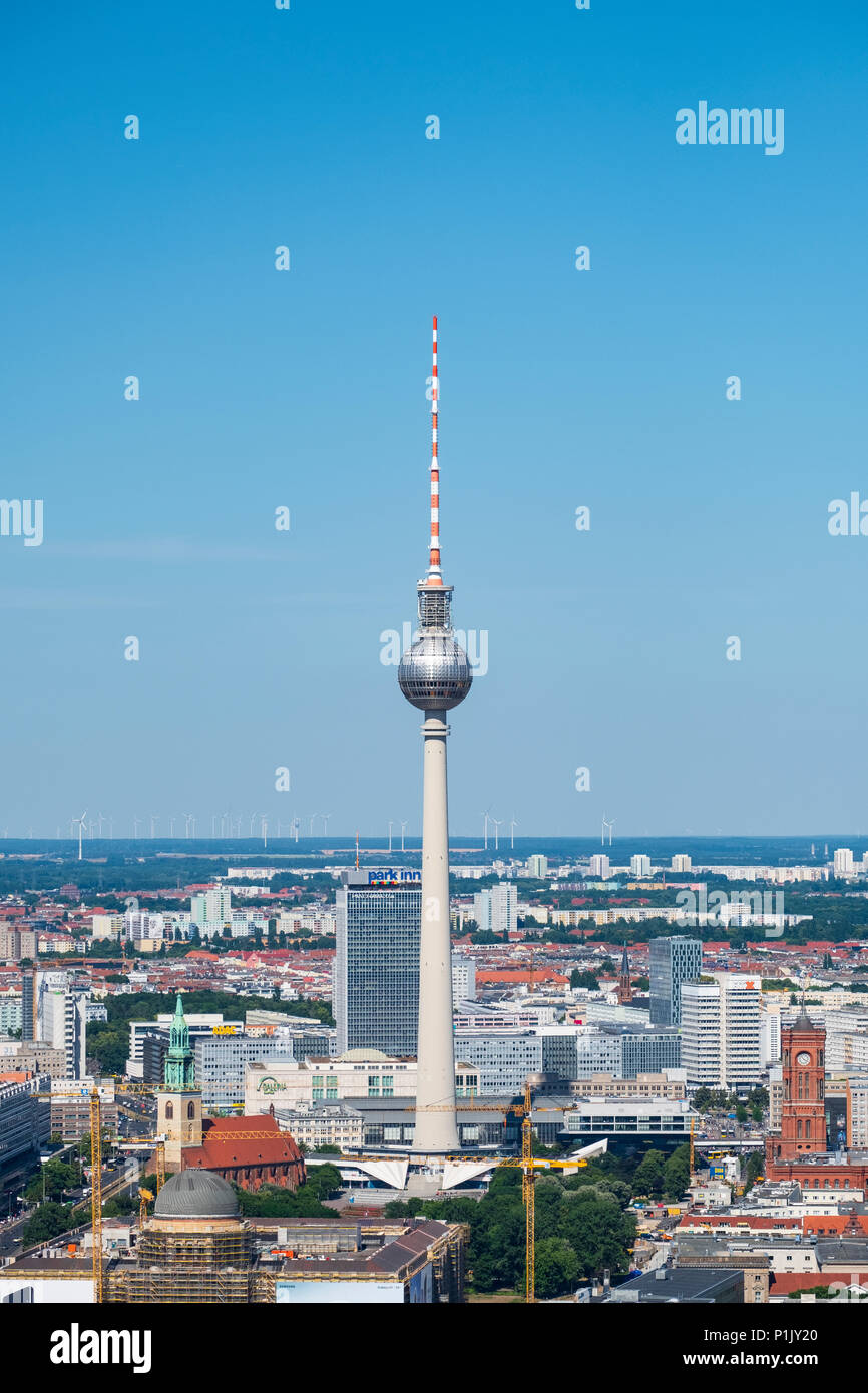 Skyline of Berlin looking towards the TV Tower of Fernsehturm, Mitte, Berlin, Germany Stock Photo