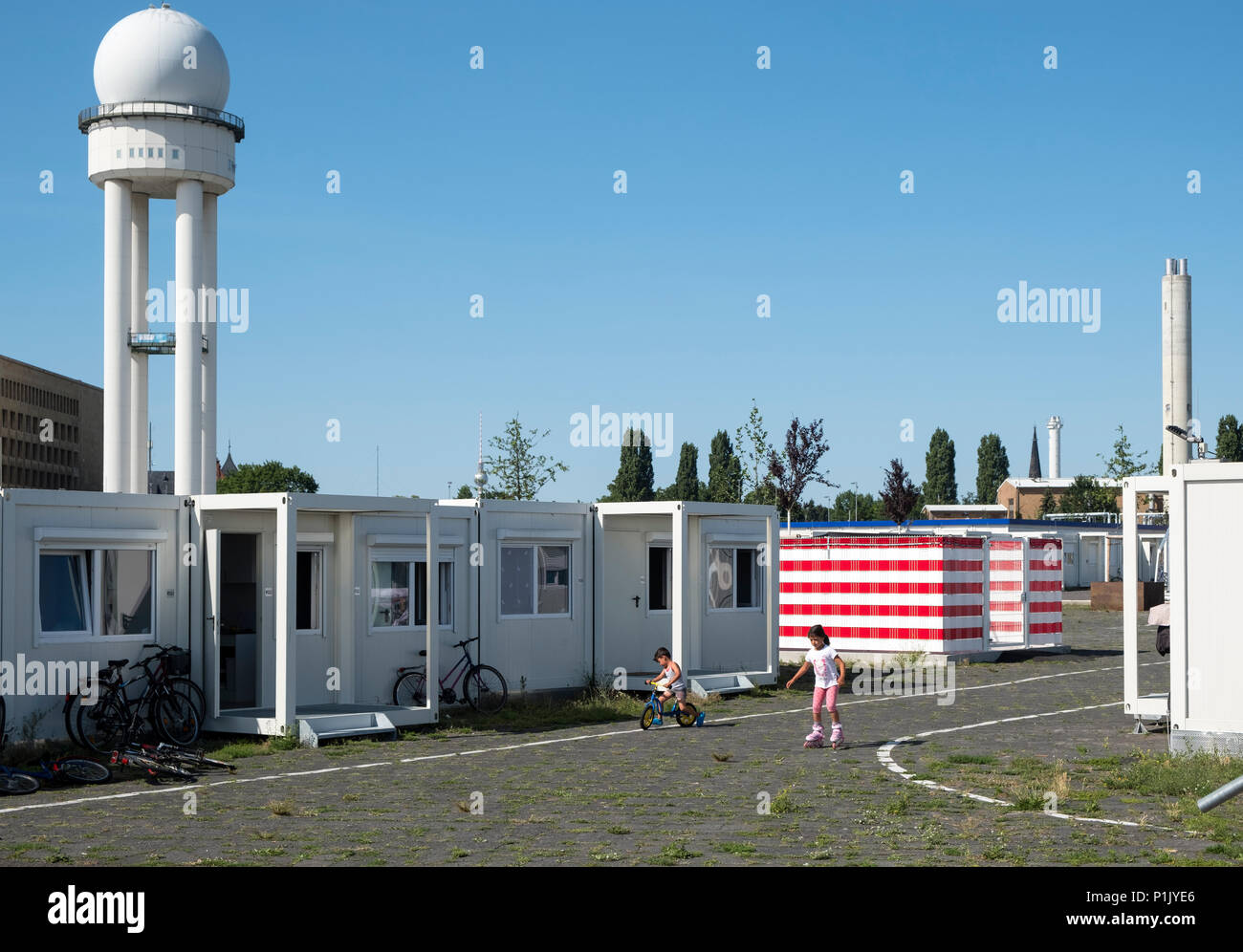 Refugee camp at Tempelhof Airport in Kreuzberg, Berlin, Germany Stock Photo