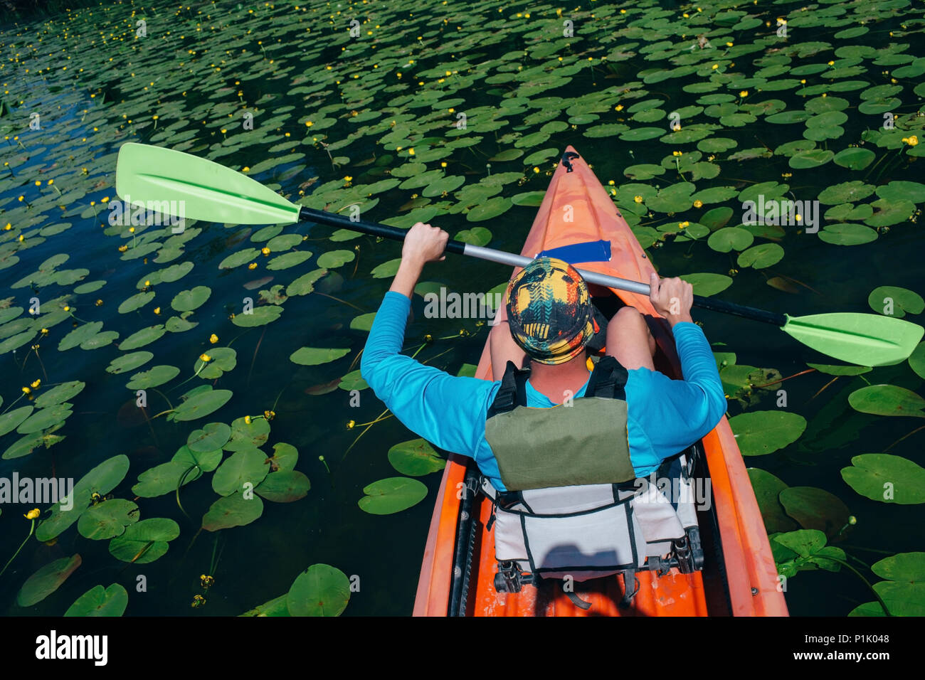Man kayaking, swinging paddle in air at river with lots of water lilies ...