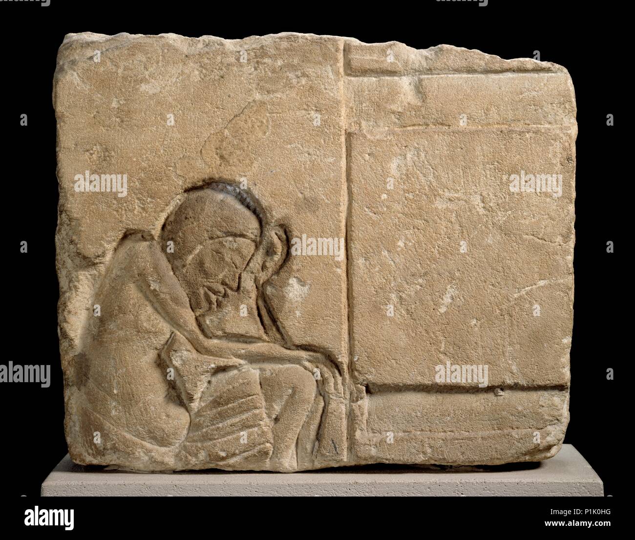 Limestone fragment carved relief of sleepy servant, XVIIIth Dynasty, c1540-c1292BC. Artist: Unknown. Stock Photo